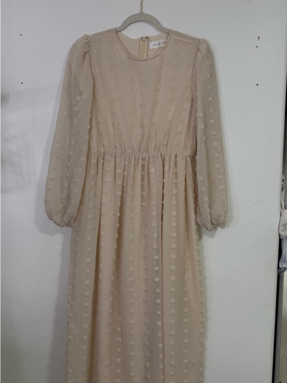 Cream Midi Dress with Swiss Dot Texture